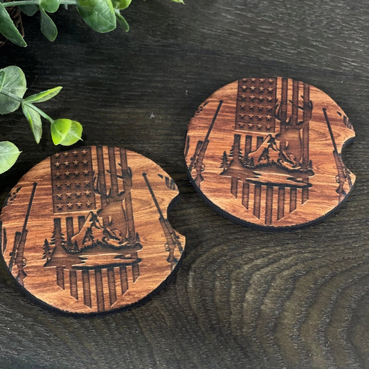 Wood Grain Deer Hunter Car Coaster Set
